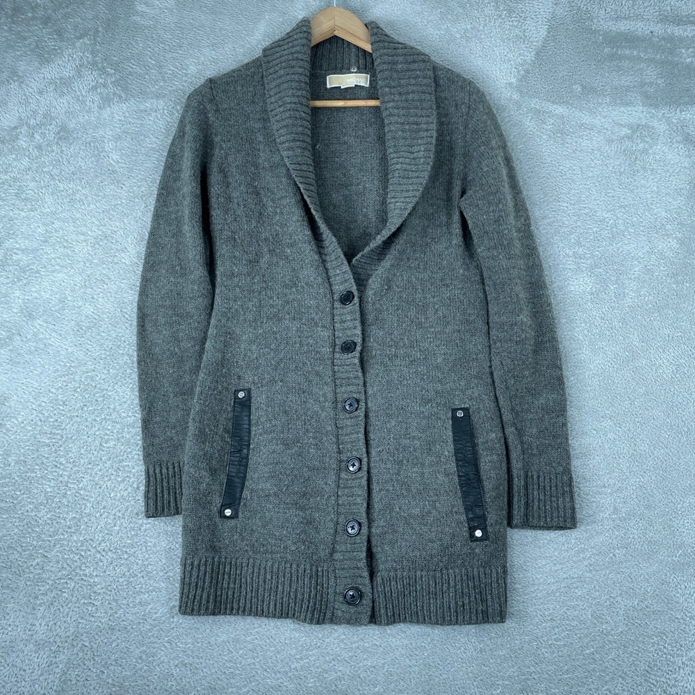 Michael Kors Cardigan Womens XS Gray Wool Blend Shawl Collar Faux Leather Trim